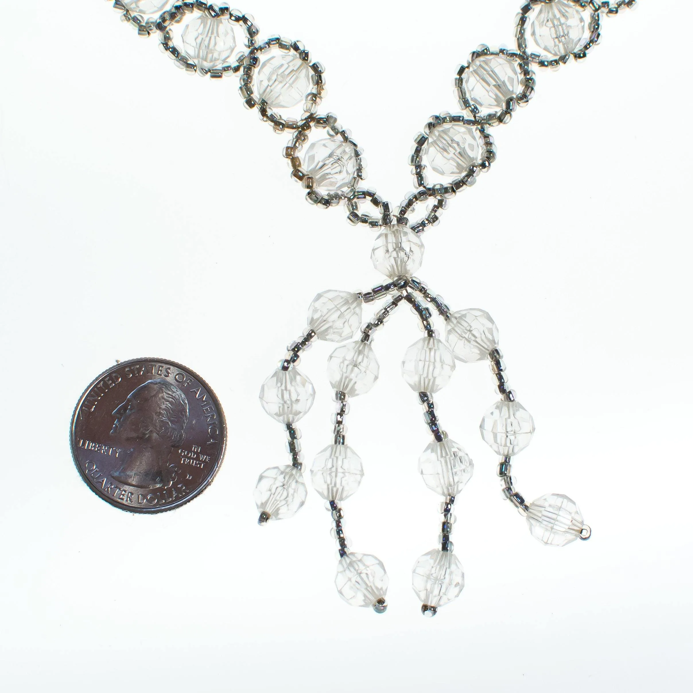 Vintage Clear and Gray Crystal Beaded Tassel Necklace