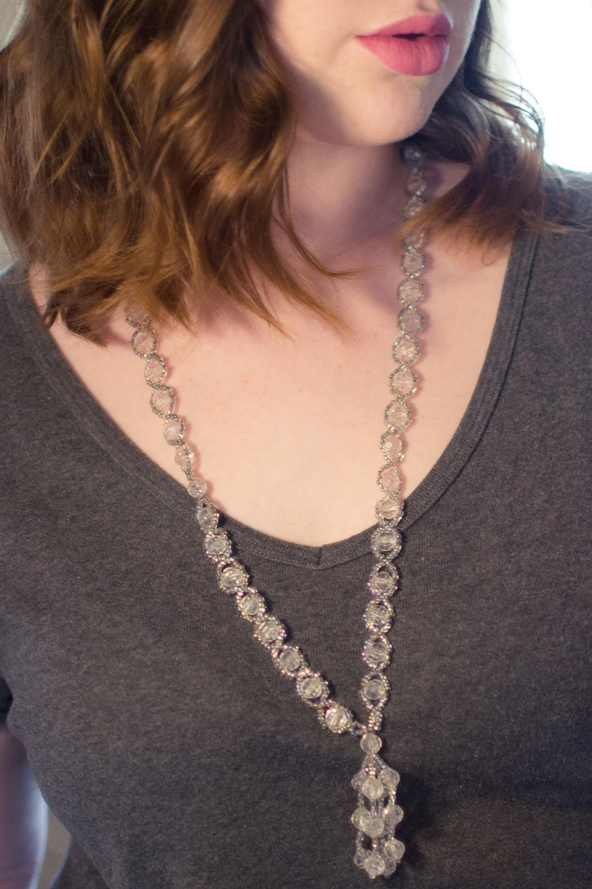 Vintage Clear and Gray Crystal Beaded Tassel Necklace