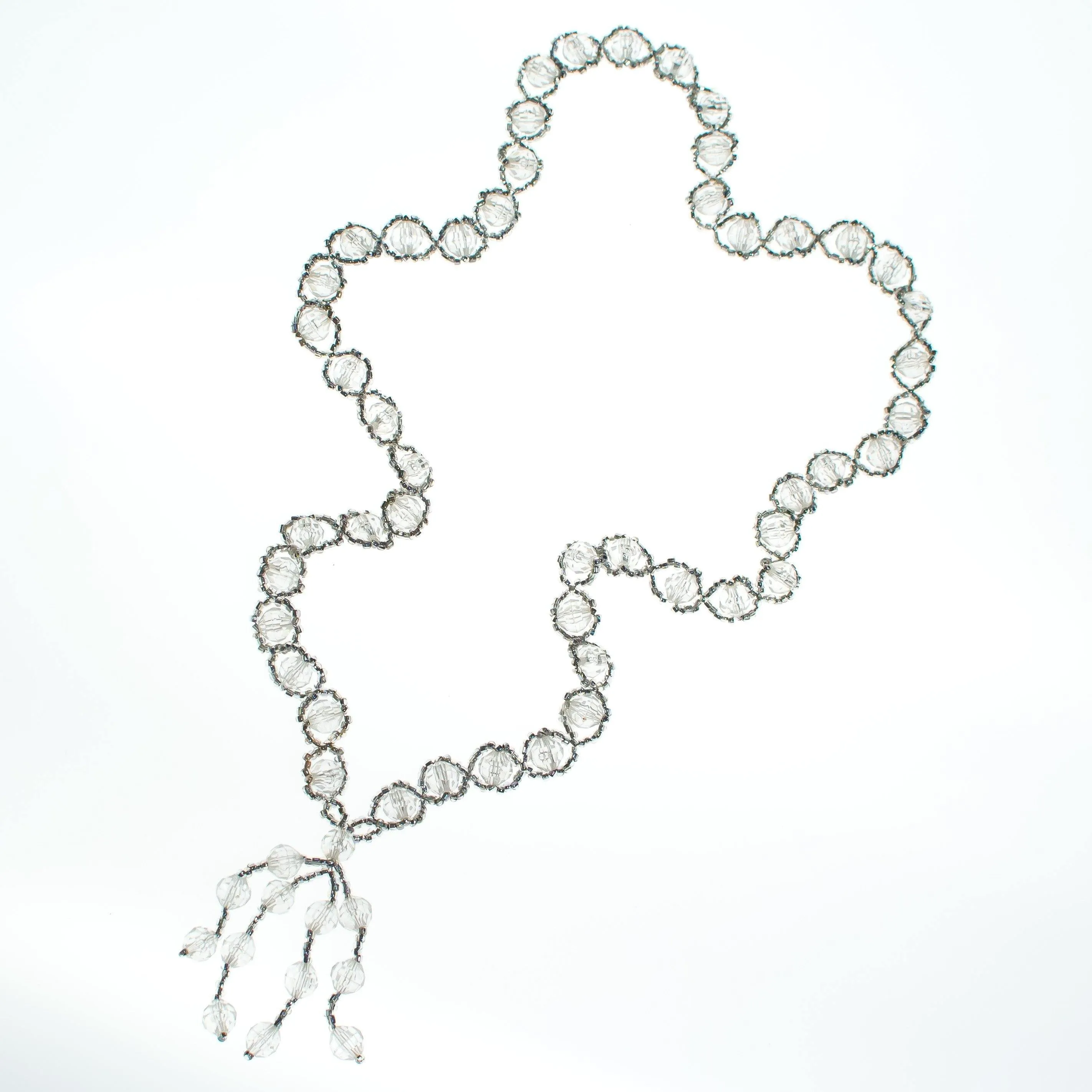 Vintage Clear and Gray Crystal Beaded Tassel Necklace