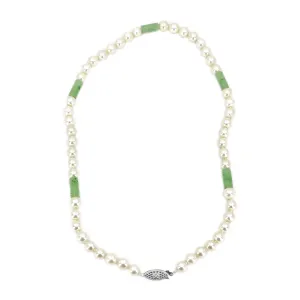 Vintage Green Jade Japanese Saltwater Cultured Akoya Pearl Choker Necklace- 14K White Gold 17.25 Inch
