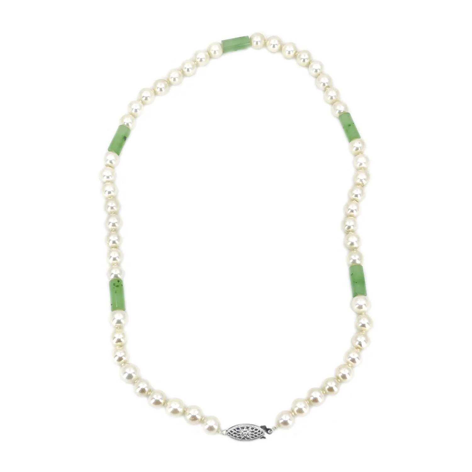 Vintage Green Jade Japanese Saltwater Cultured Akoya Pearl Choker Necklace- 14K White Gold 17.25 Inch