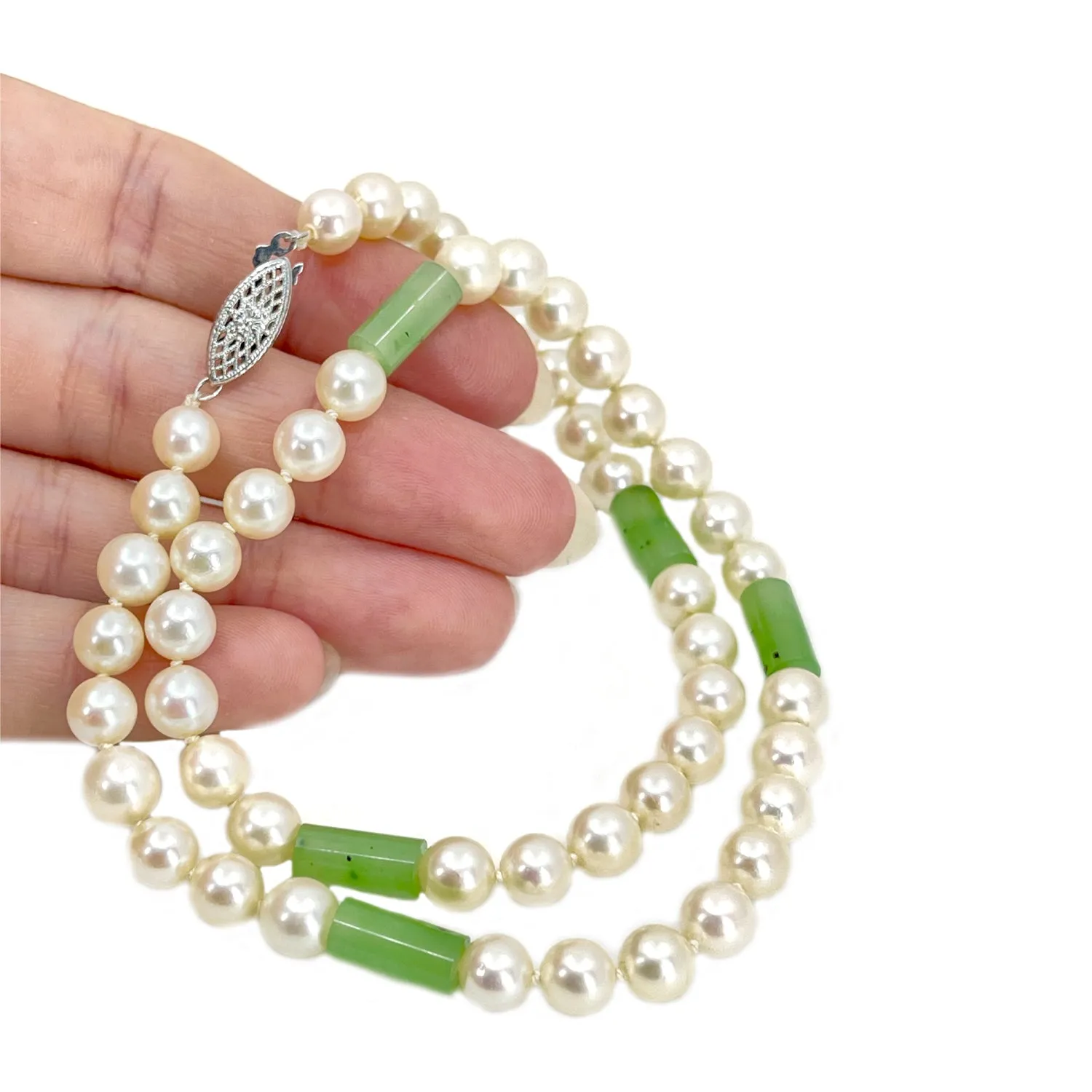 Vintage Green Jade Japanese Saltwater Cultured Akoya Pearl Choker Necklace- 14K White Gold 17.25 Inch