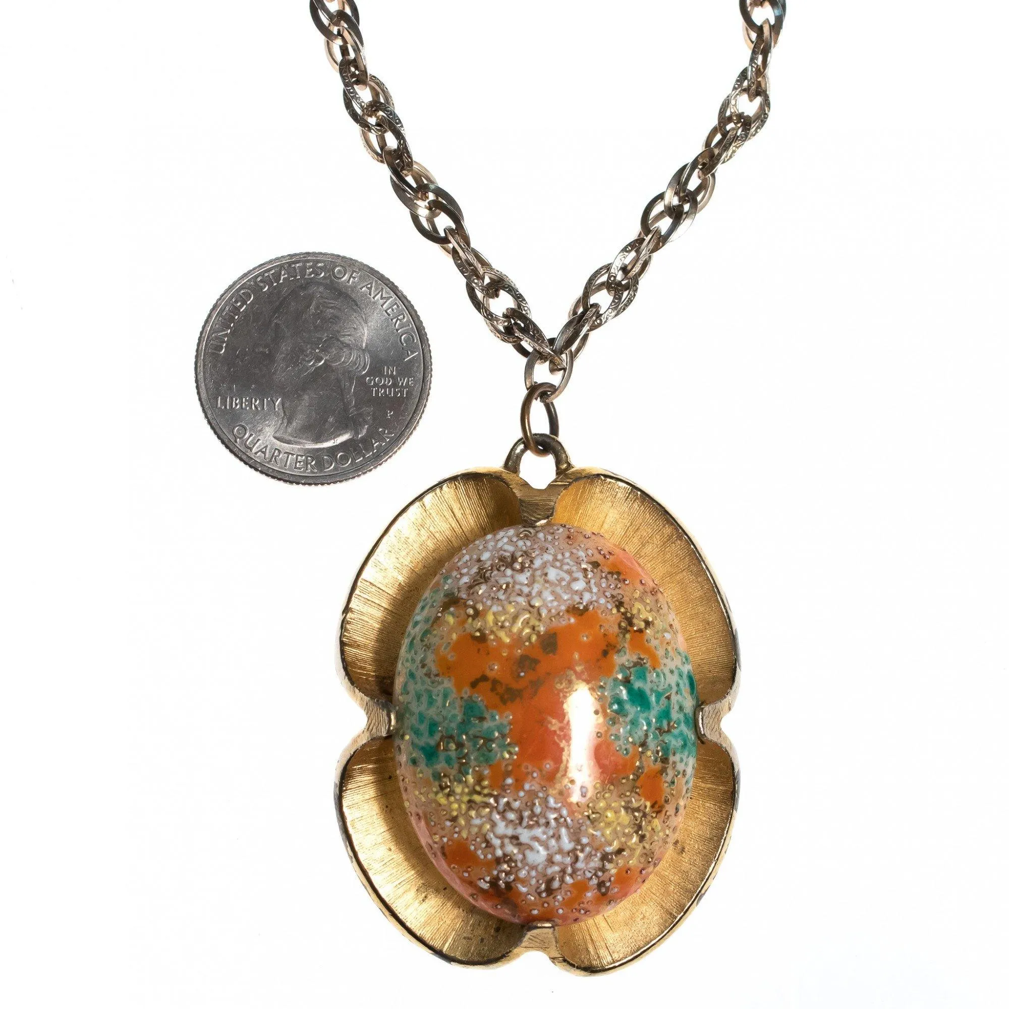 Vintage Judy Lee Sparkling Green Orange White Easter Egg Pendant Necklace