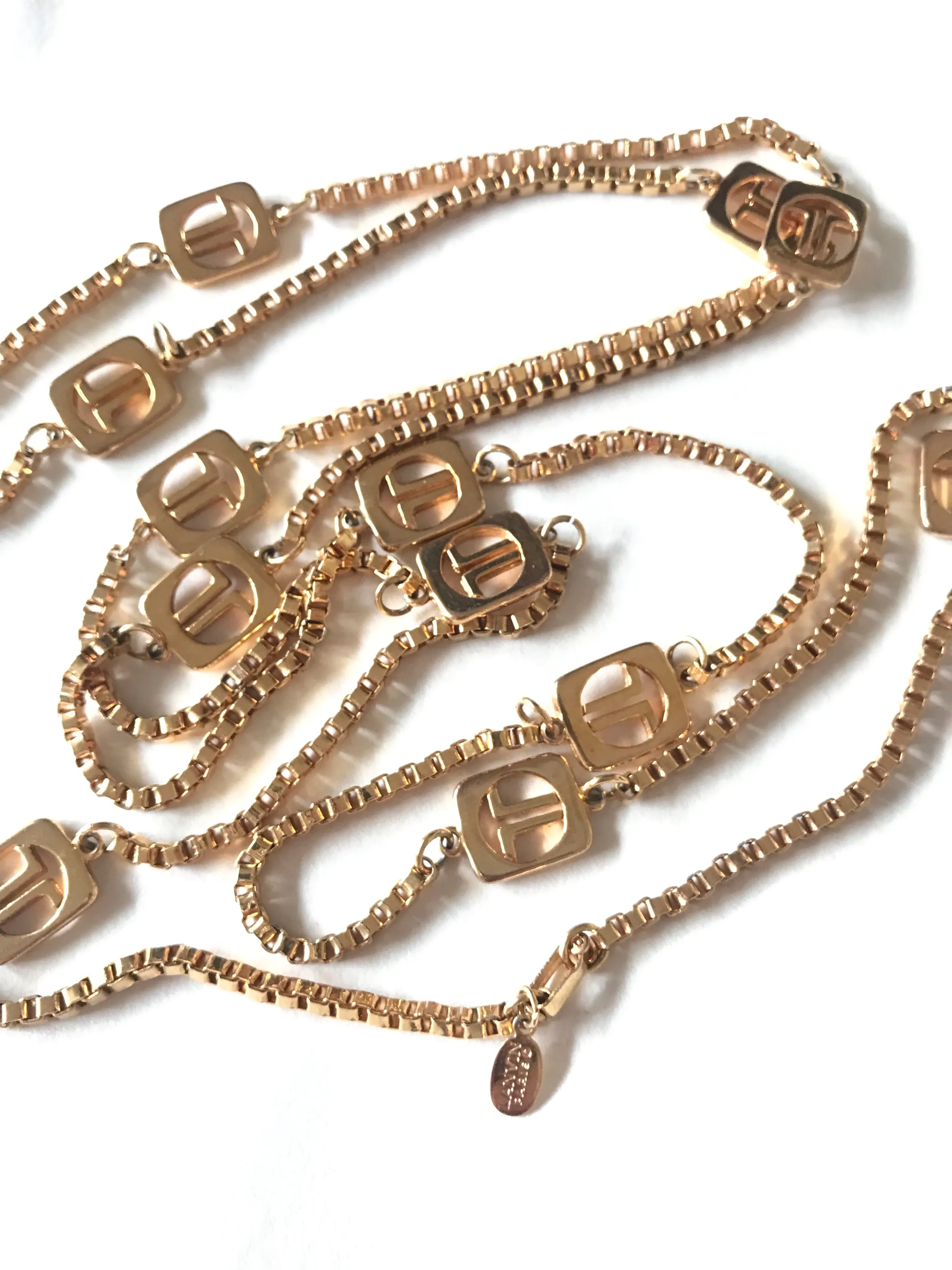 Vintage Lanvin golden chain long necklace with logo motif charms. Rare Lanvin vintage jewelry. Long necklace. 0403311
