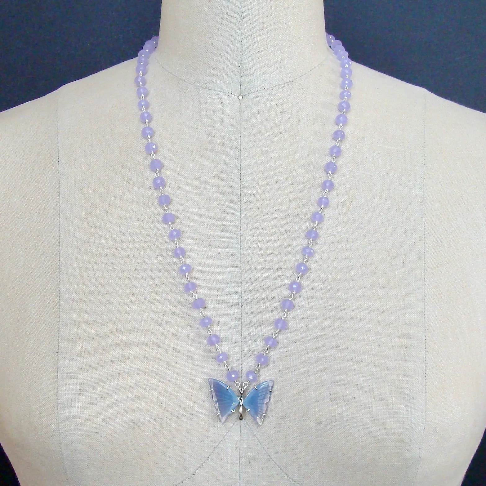 Violet Chalcedony Necklace Lavender Agate Butterfly Pendant - Violet Mariposa Necklace