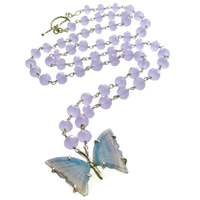 Violet Chalcedony Necklace Lavender Agate Butterfly Pendant - Violet Mariposa Necklace