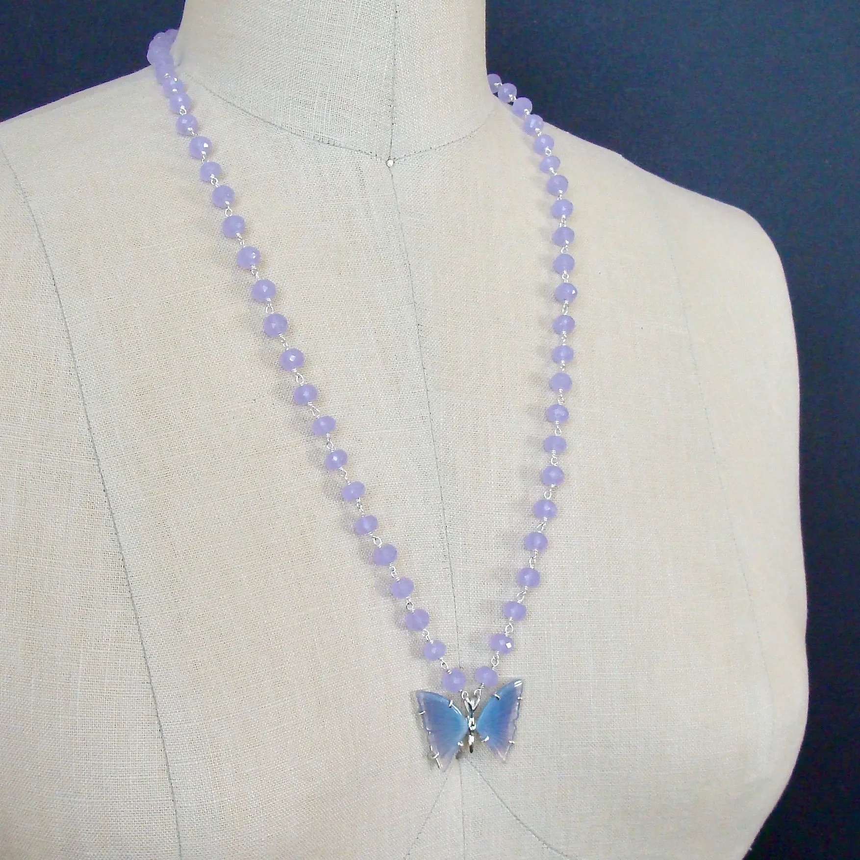 Violet Chalcedony Necklace Lavender Agate Butterfly Pendant - Violet Mariposa Necklace