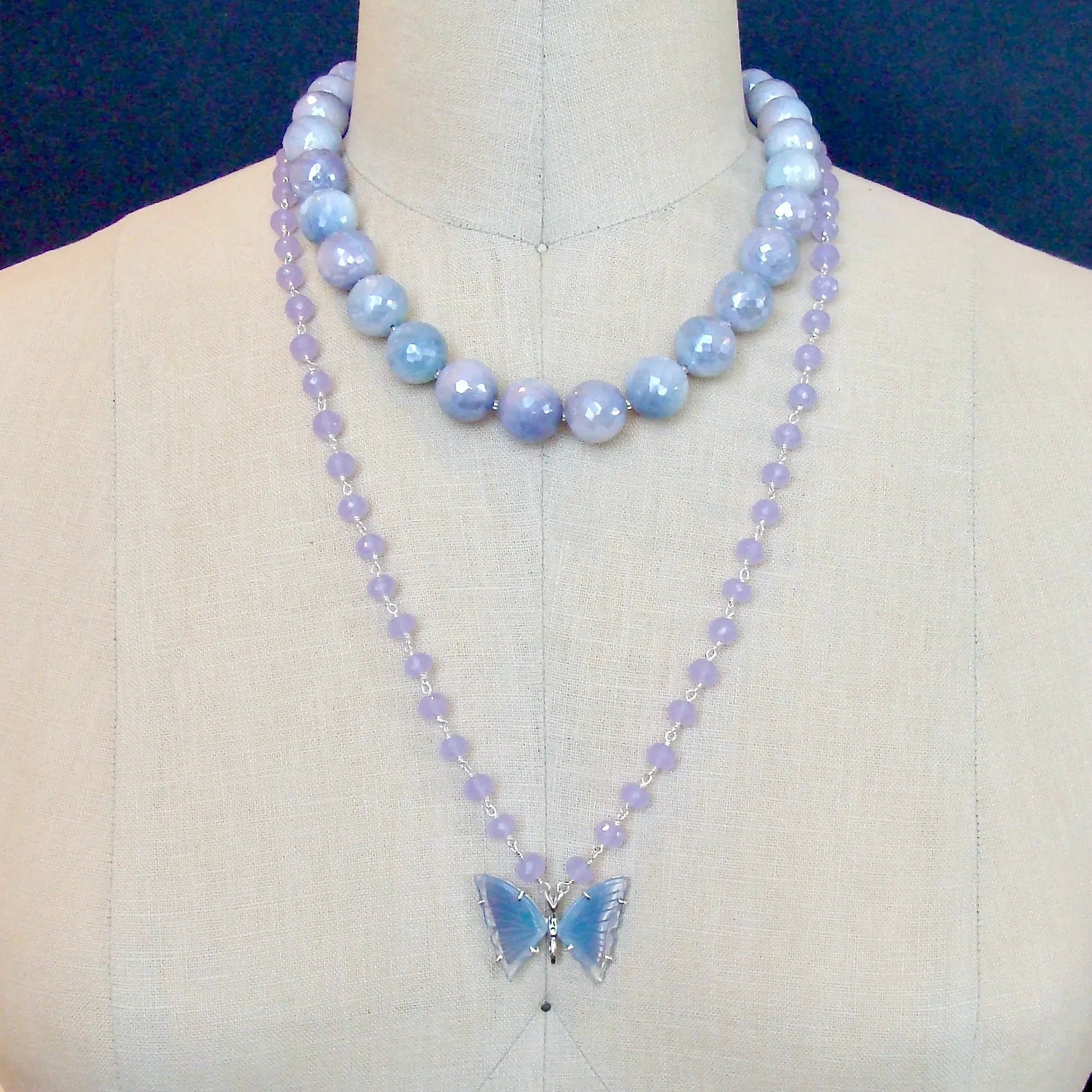 Violet Chalcedony Necklace Lavender Agate Butterfly Pendant - Violet Mariposa Necklace