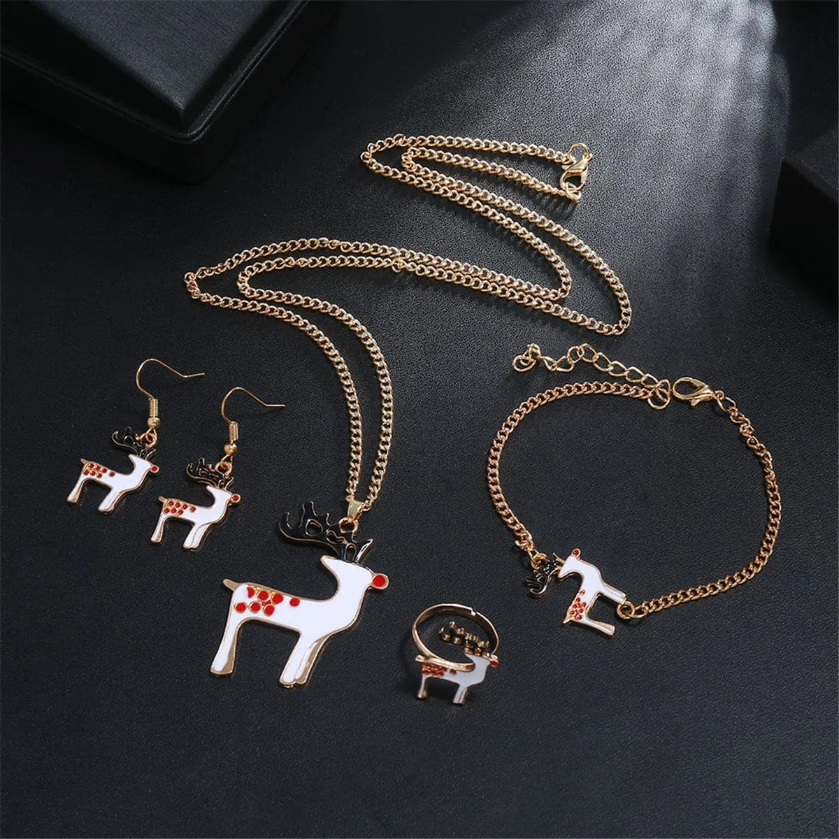 White Enamel & 18K Gold-Plated Reindeer Jewelry Set