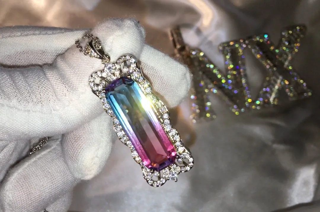 Womens Necklace | Aquamarine Diamond Necklace | Blue Diamond Pendant | Pink Diamond Pendant | Pink Diamond Necklace | Rectangle Necklace