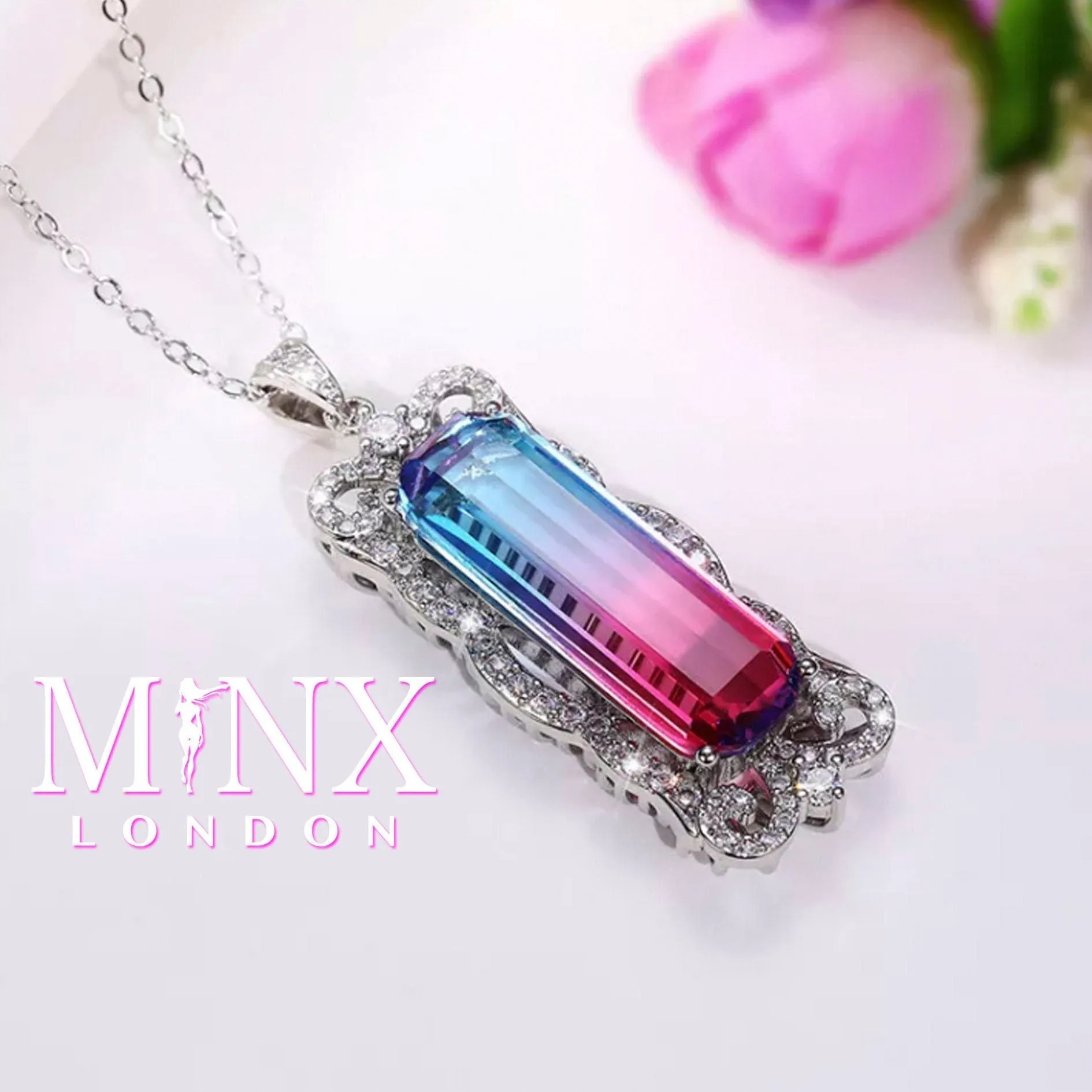 Womens Necklace | Aquamarine Diamond Necklace | Blue Diamond Pendant | Pink Diamond Pendant | Pink Diamond Necklace | Rectangle Necklace