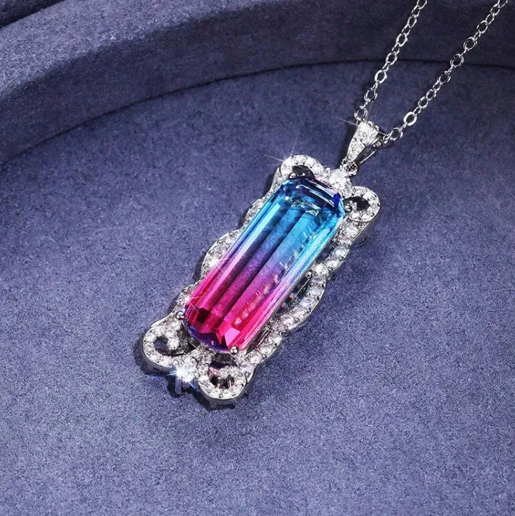 Womens Necklace | Aquamarine Diamond Necklace | Blue Diamond Pendant | Pink Diamond Pendant | Pink Diamond Necklace | Rectangle Necklace