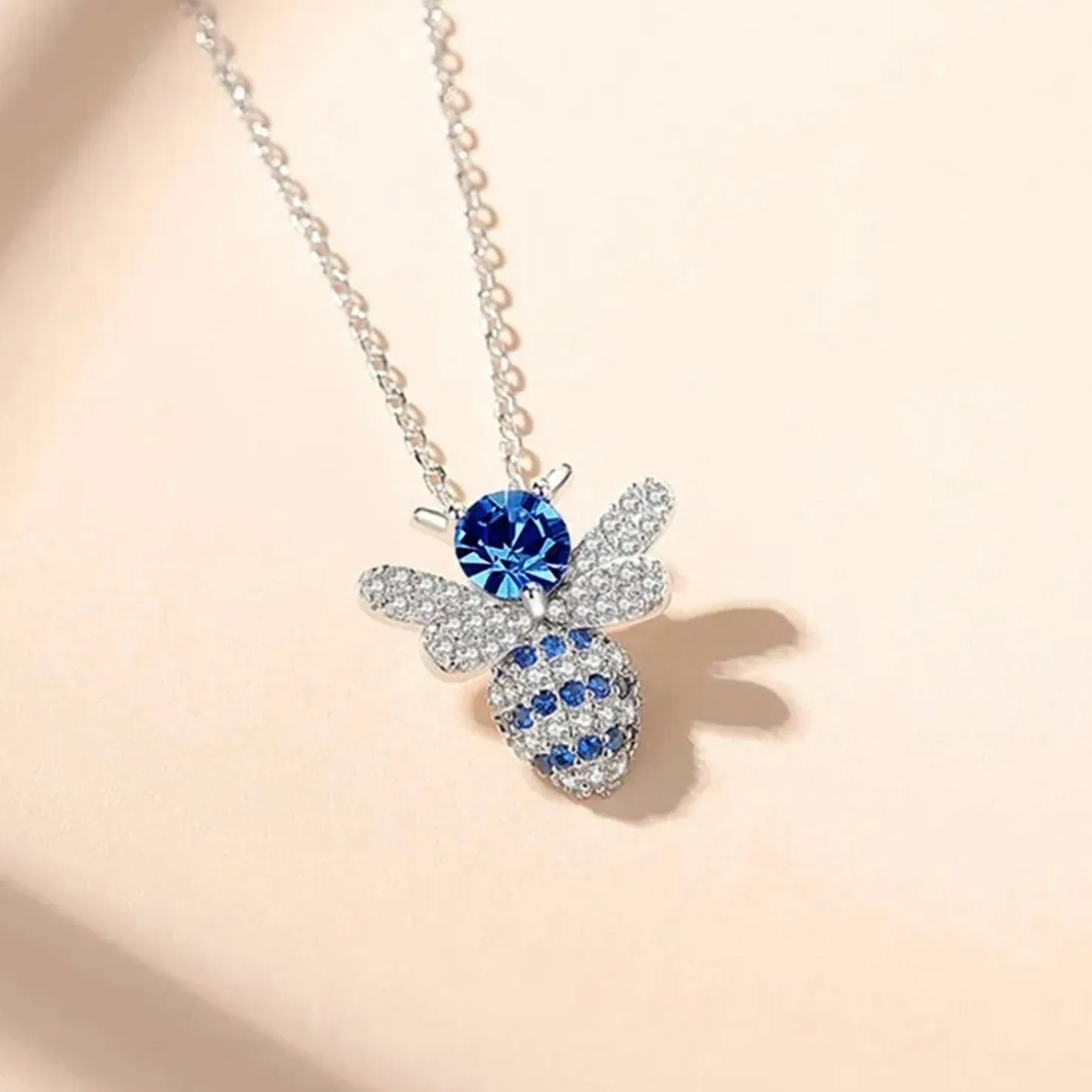 Womens Necklace | Blue Emerald Necklace | Diamond Bee Necklace | Blue Diamond Pendant | Bee Pendant | Bumble Bee Pendant | Animal Pendant