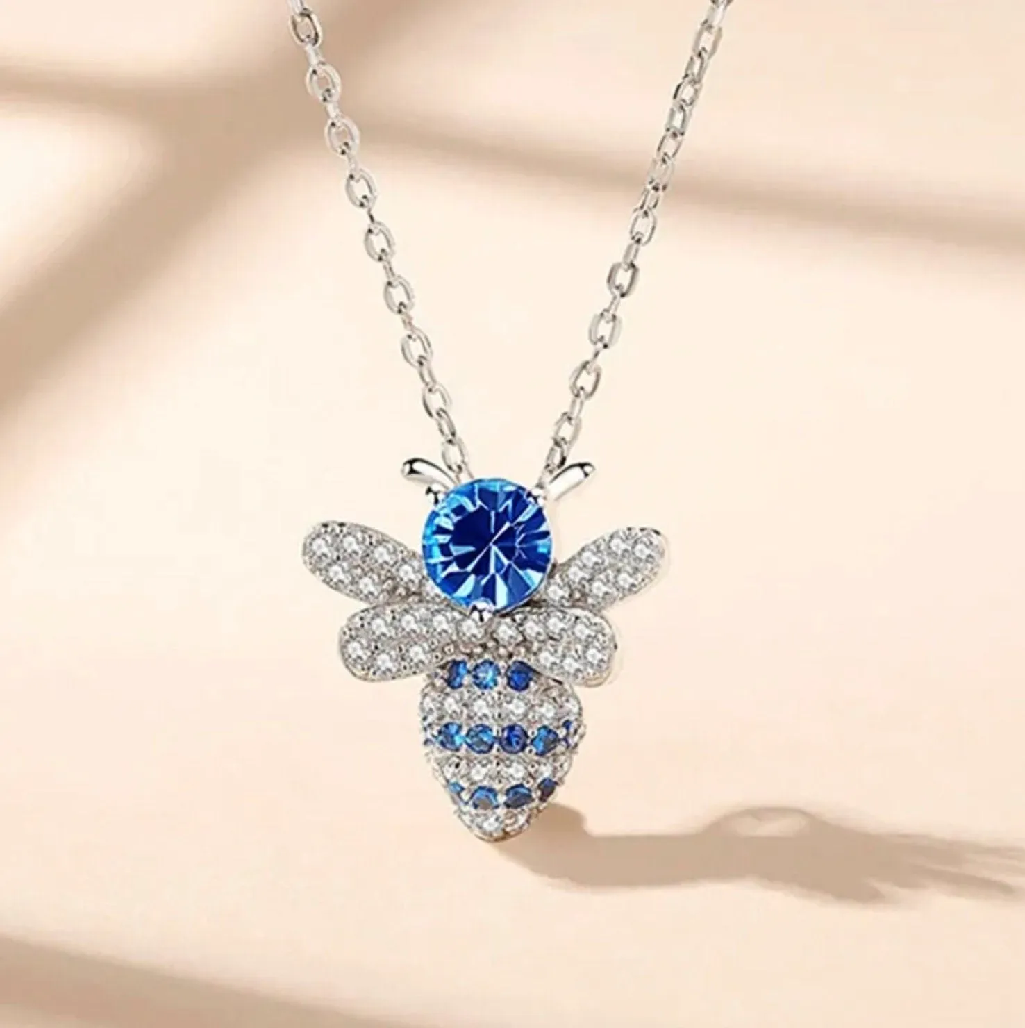 Womens Necklace | Blue Emerald Necklace | Diamond Bee Necklace | Blue Diamond Pendant | Bee Pendant | Bumble Bee Pendant | Animal Pendant