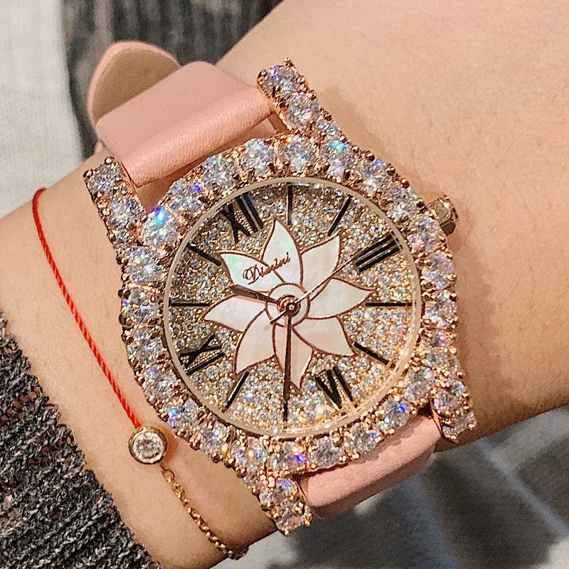 Women's Watch Shining Full Zircon Diamond dial leather strap elegant watch