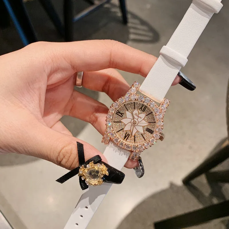 Women's Watch Shining Full Zircon Diamond dial leather strap elegant watch