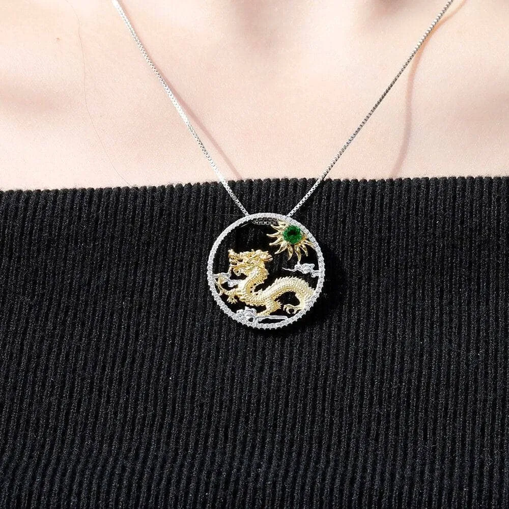 Year Of The Dragon-Natural Chrome Diopside Handmade Flying Dragon Necklace