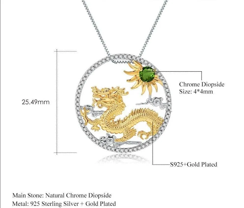 Year Of The Dragon-Natural Chrome Diopside Handmade Flying Dragon Necklace