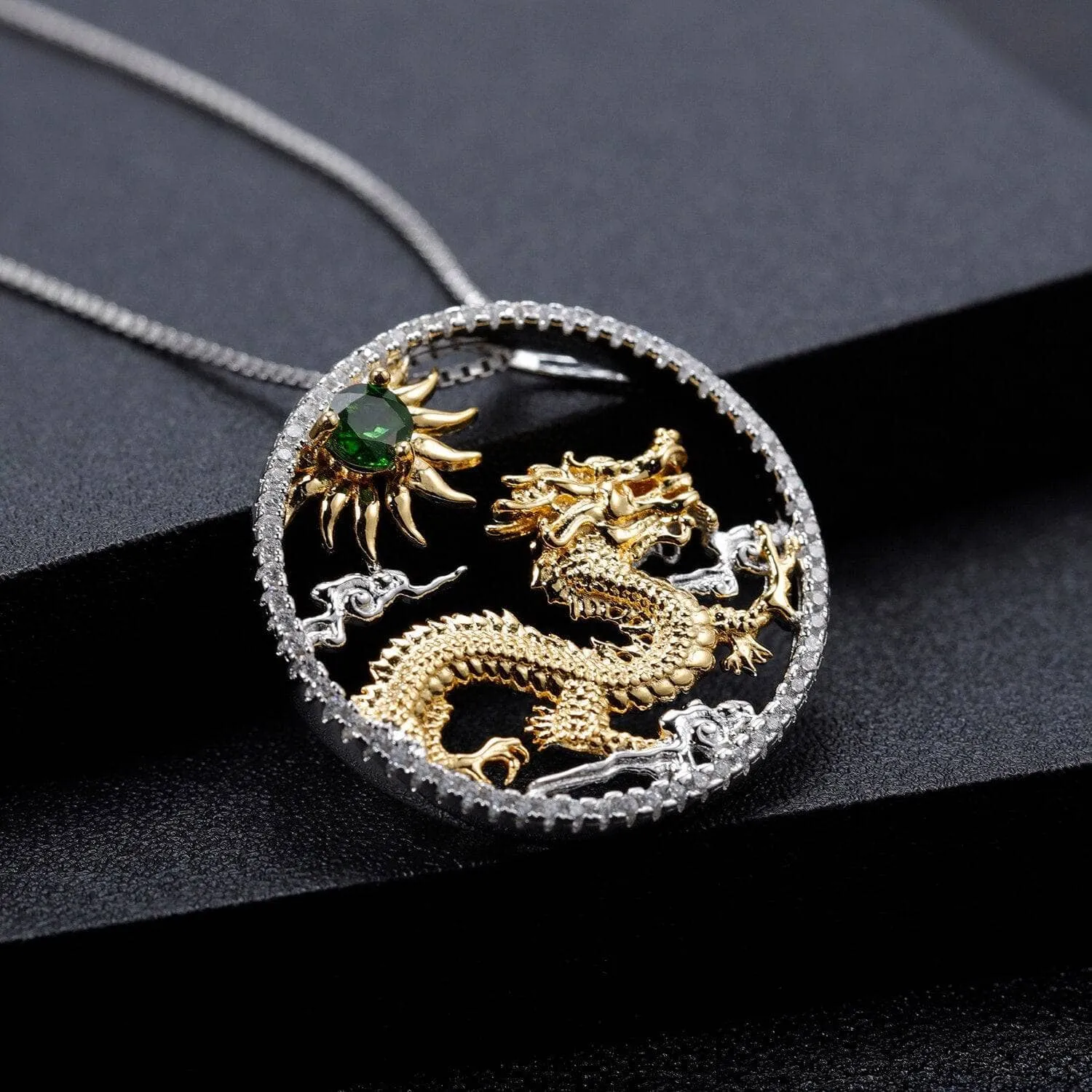 Year Of The Dragon-Natural Chrome Diopside Handmade Flying Dragon Necklace