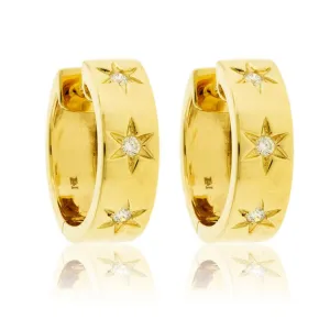 Yellow Gold Satin Finish Flush Set Star Diamond Earrings