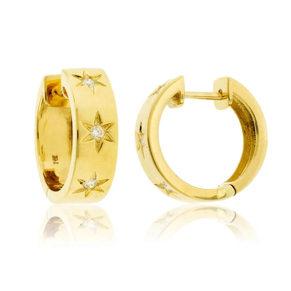Yellow Gold Satin Finish Flush Set Star Diamond Earrings